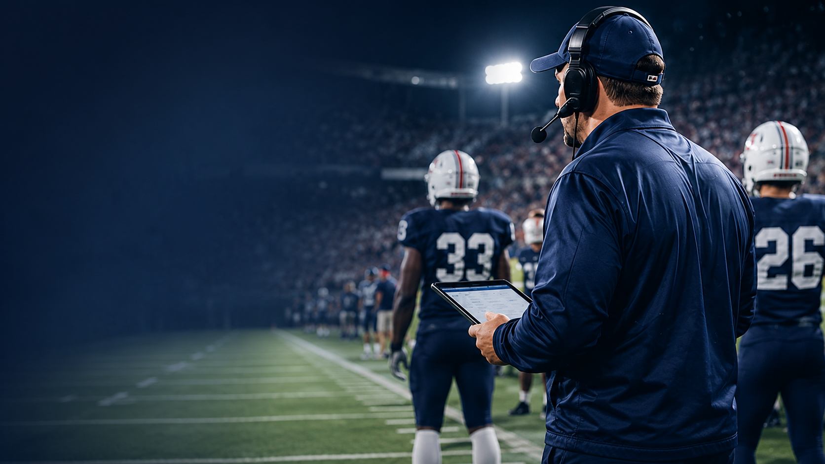 A football coach on the sideline in a headset, checking a tablet between snaps